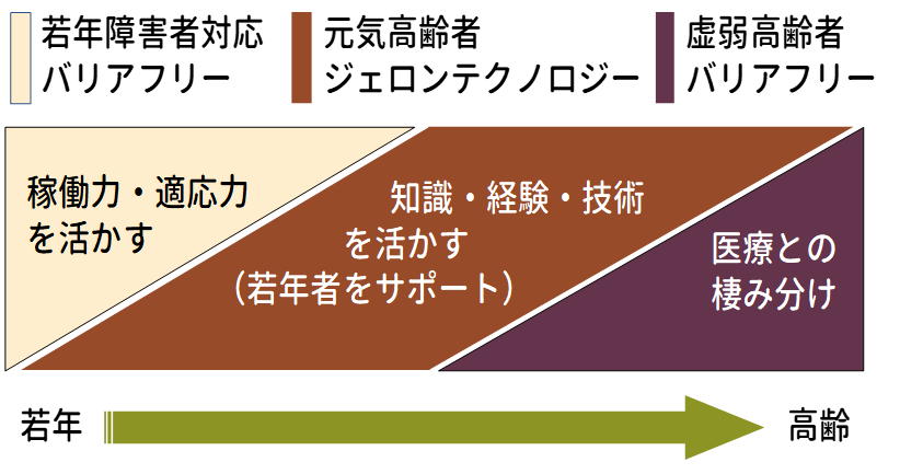 バリアフリー技術とジェロンテクノロジーとの年齢に伴う変化。若年障害者にはその稼働力と適応力を活かすための支援が適切となる。元気高齢者は知識・経験・技術を活かすための支援技術が求められる。虚弱高齢者には再びバリアフリー技術に加えて、医療的なサポートが必要になる。